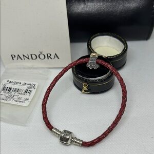 Pandora 2T 14K with Sterling Silver Badminton Charm with Red leather Bracelet
